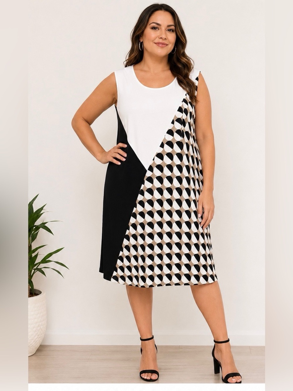 Lafayette 148 New York Black, White & Beige Geometric Midi Dress